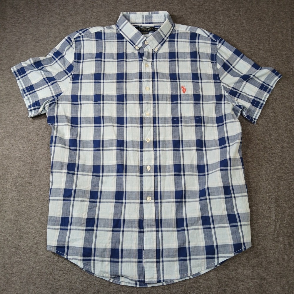 U.S. Polo Assn. Shirt Mens XL Plaid Blue Short Sleeve Button Down EUC